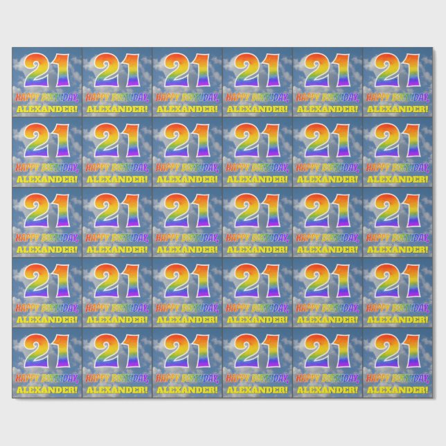 Rainbow Look "21" & "HAPPY BIRTHDAY", Clouds, Sky Wrapping Paper (Flat)