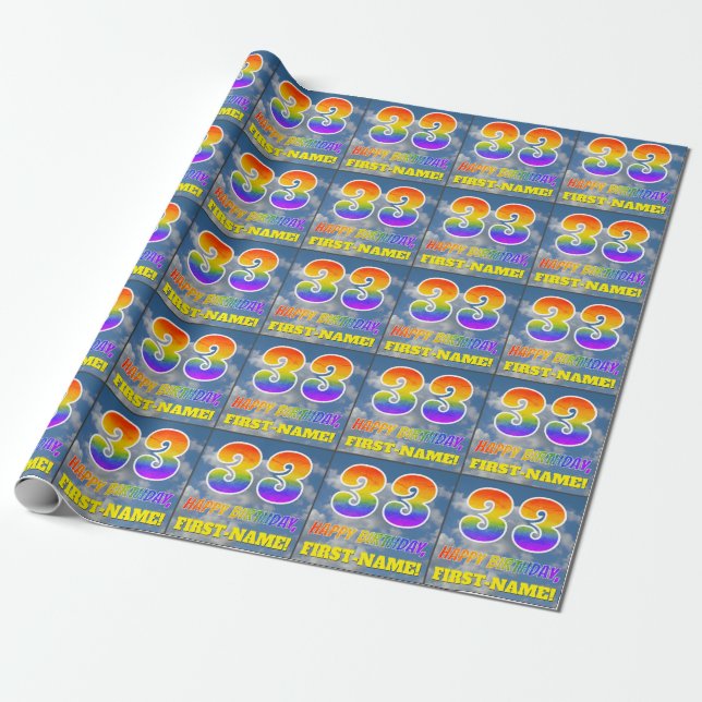 Rainbow Look "33" & "HAPPY BIRTHDAY", Clouds, Sky Wrapping Paper (Unrolled)
