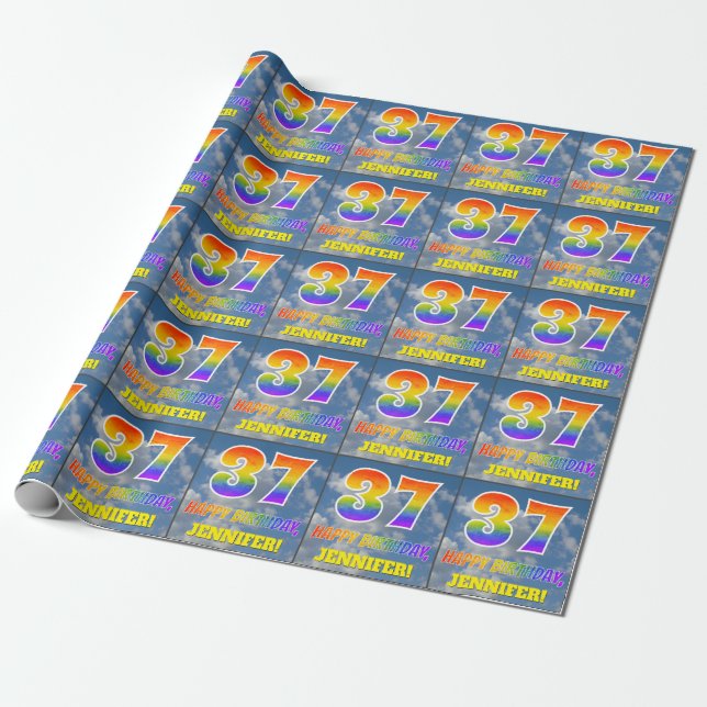 Rainbow Look "37" & "HAPPY BIRTHDAY", Clouds, Sky Wrapping Paper (Unrolled)