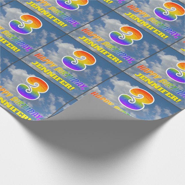 Rainbow Look "3" & "HAPPY BIRTHDAY", Clouds, Sky Wrapping Paper (Corner)