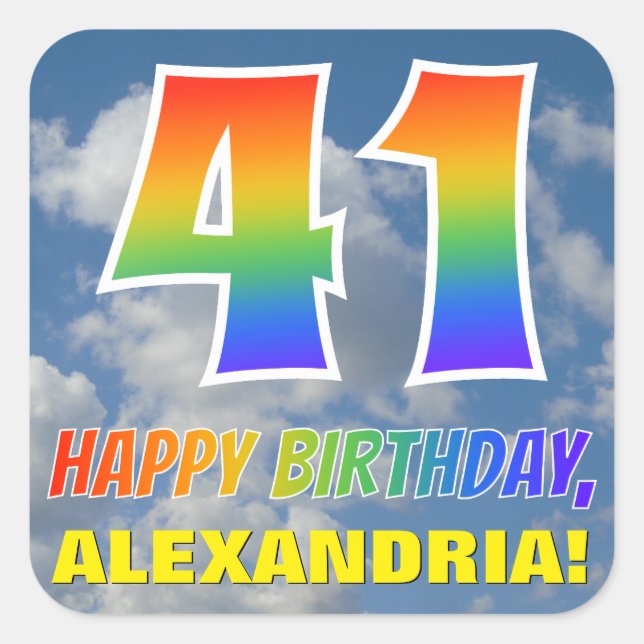 Rainbow Look "41" & "HAPPY BIRTHDAY", Clouds, Sky Square Sticker (Front)