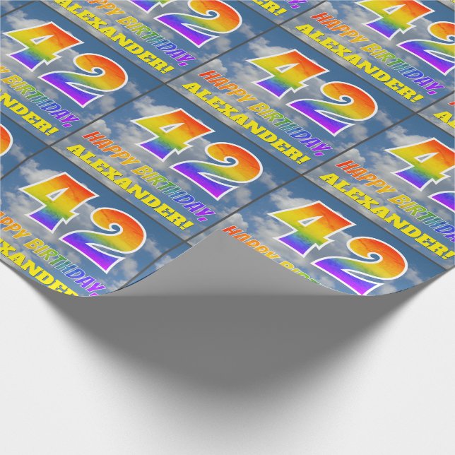 Rainbow Look "42" & "HAPPY BIRTHDAY", Clouds, Sky Wrapping Paper (Corner)