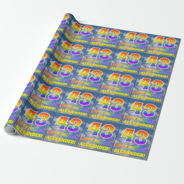 Rainbow Look "43" & "HAPPY BIRTHDAY", Clouds, Sky Wrapping Paper (Unrolled)