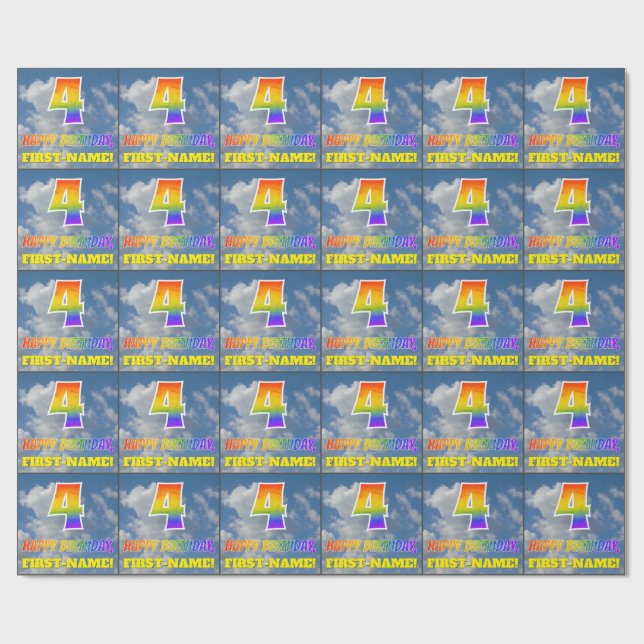 Rainbow Look "4" & "HAPPY BIRTHDAY", Clouds, Sky Wrapping Paper (Flat)