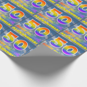 Rainbow Look "50" & "HAPPY BIRTHDAY", Clouds, Sky Wrapping Paper