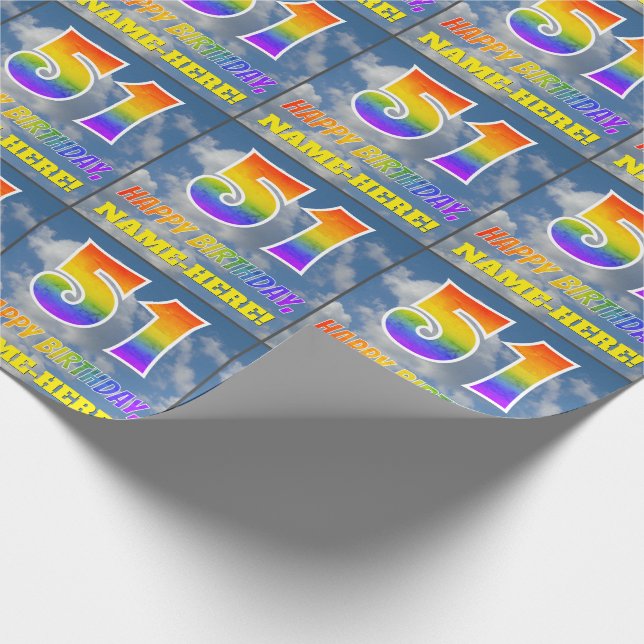 Rainbow Look "51" & "HAPPY BIRTHDAY", Clouds, Sky Wrapping Paper (Corner)
