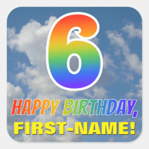 Rainbow Look "6" & "HAPPY BIRTHDAY", Clouds, Sky Square Sticker