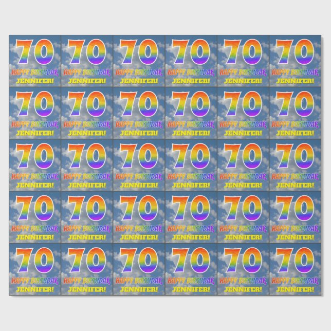 Rainbow Look "70" & "HAPPY BIRTHDAY", Clouds, Sky Wrapping Paper (Flat)
