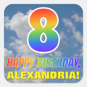 Rainbow Look "8" & "HAPPY BIRTHDAY", Clouds, Sky Square Sticker