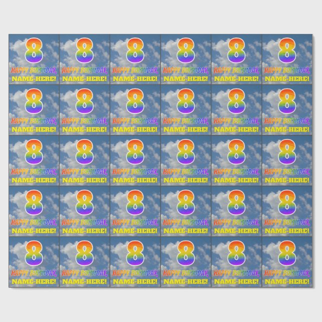 Rainbow Look "8" & "HAPPY BIRTHDAY", Clouds, Sky Wrapping Paper (Flat)