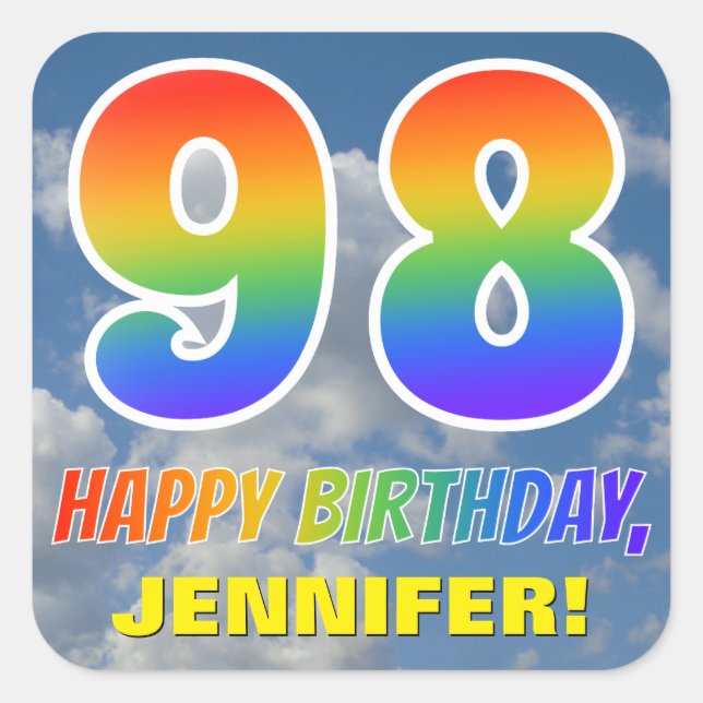 Rainbow Look "98" & "HAPPY BIRTHDAY", Clouds, Sky Square Sticker (Front)