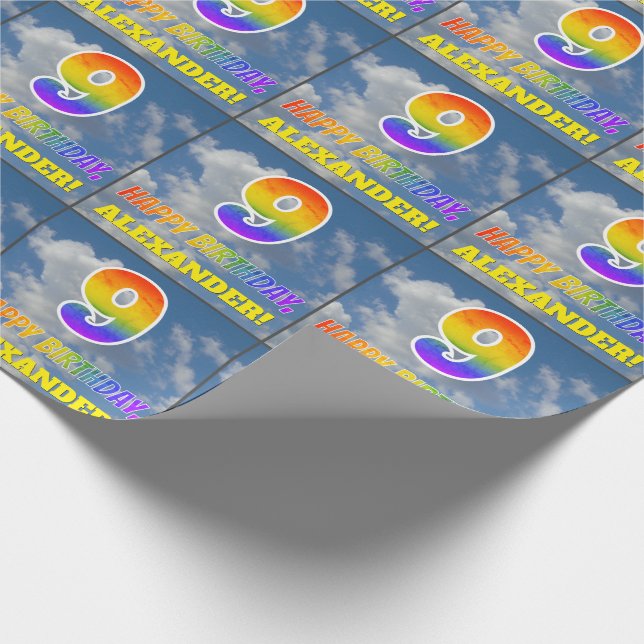 Rainbow Look "9" & "HAPPY BIRTHDAY", Clouds, Sky Wrapping Paper (Corner)