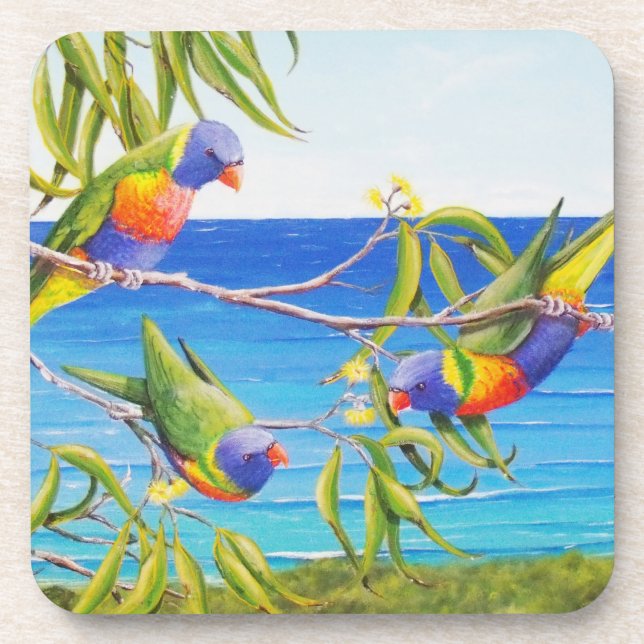 Rainbow Lorikeet Beachy Blue Australian Painting  Coaster (Front)