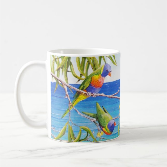 Rainbow Lorikeet Beachy Blue Australian Painting Coffee Mug (Left)