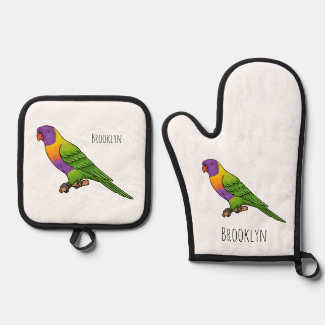 Rainbow lorikeet bird cartoon illustration oven mitt & pot holder set (Front)