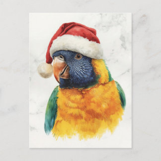 Rainbow Lorikeet in Santa Hat Watercolor Holiday Postcard
