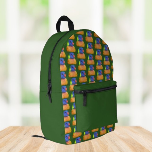 Rainbow Lorikeet Parrot Pattern on Green Printed Backpack (In Situ Angled)