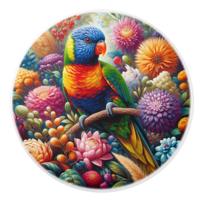 Rainbow Lorikeet Parrot with Colourful Flowers Ceramic Knob (Front)
