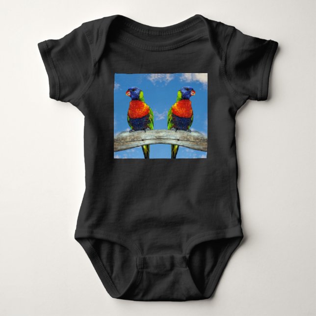 Rainbow lorikeets two perched on a branch baby bodysuit (Front)