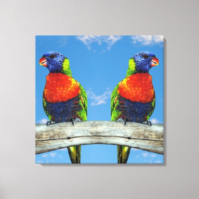 Rainbow lorikeets two perched on a branch canvas print (Front)