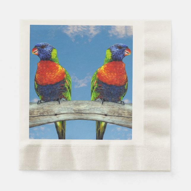 Rainbow lorikeets two perched on a branch napkin (Front)