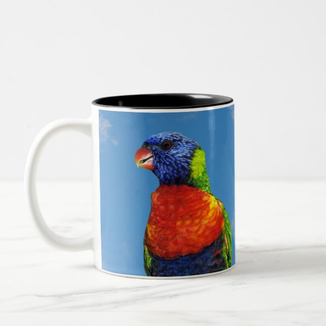 Rainbow lorikeets two perched on a branch Two-Tone coffee mug (Left)
