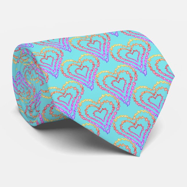 Rainbow Love Heart Pattern Over Light Teal    Tie (Rolled)