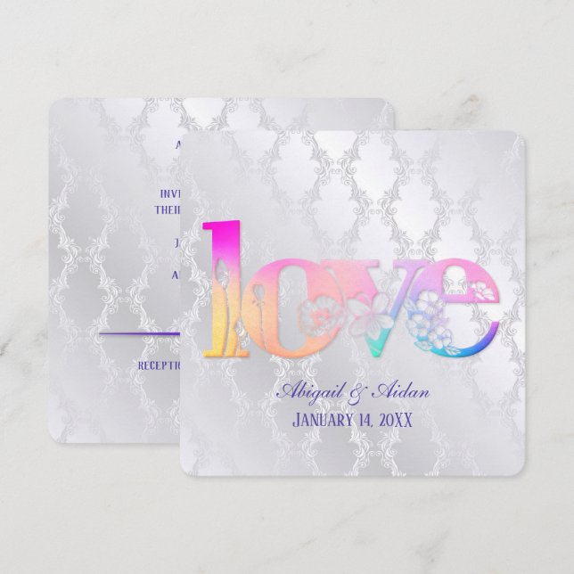 Rainbow Love On Wedding Satin Invitation (Front/Back)