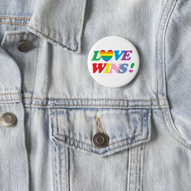Rainbow Love Wins Heart LGBT 2 Inch Round Button (In Situ)