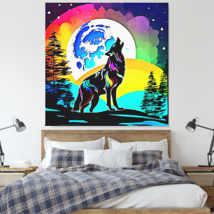 Rainbow Lunar Wolf Howl Art Canvas Print