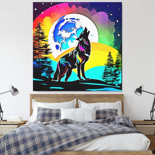 Rainbow Lunar Wolf Howl Art Canvas Print (Insitu(Bedroom))