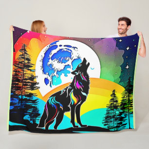 Rainbow Lunar Wolf Howl Art Fleece Blanket