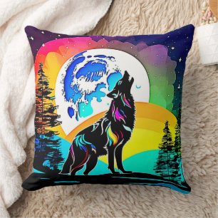 Rainbow Lunar Wolf Howl Art Throw Pillow