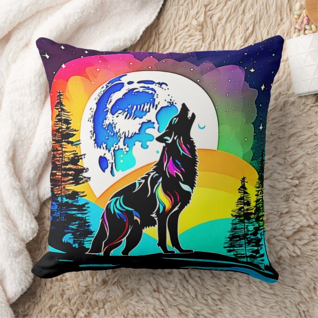 Rainbow Lunar Wolf Howl Art Throw Pillow (Blanket)