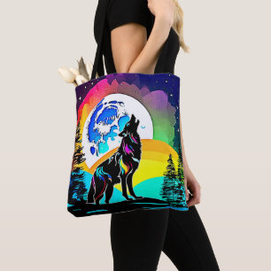 Rainbow Lunar Wolf Howl Art Tote Bag