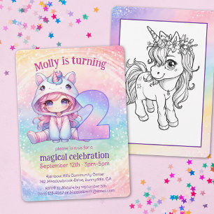 Rainbow Magical Chibi Unicorn birthday Invitation