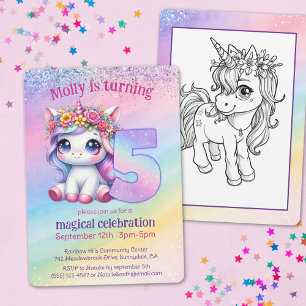 Rainbow magical Unicorn 5th birthday Invitation
