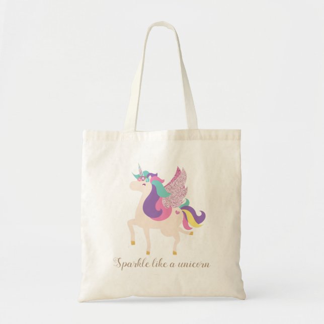 Rainbow Magical Unicorn Cute Glittery Tote Bag (Front)