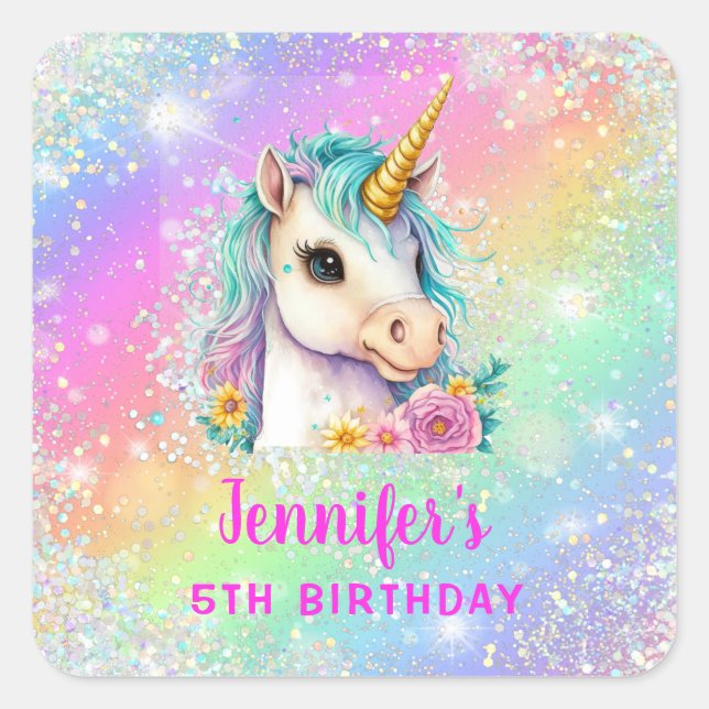 Rainbow Magical Unicorn Sparkle Birthday Square Sticker (Front)