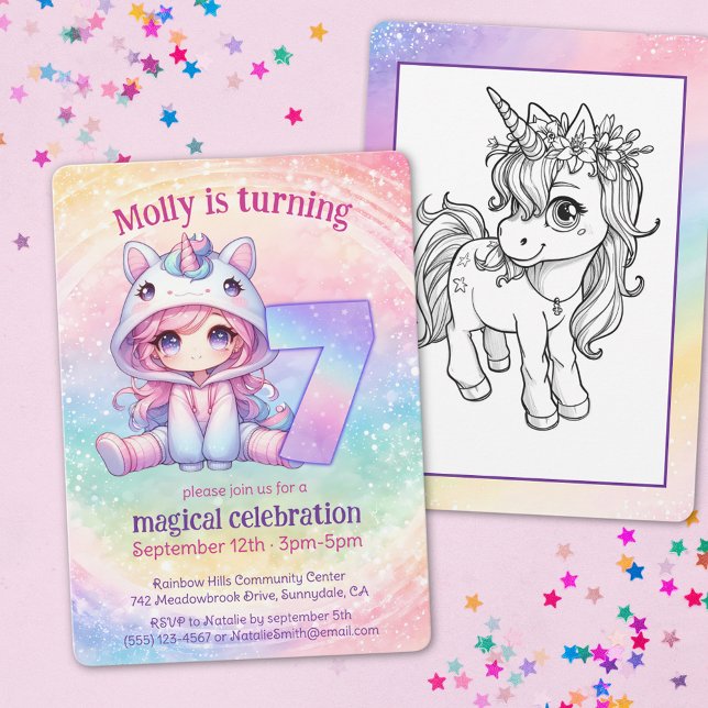 Rainbow magical Unicorn whimsicle 7th birthday Invitation (Creator Uploaded)