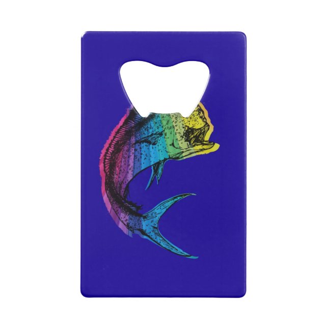 Rainbow Mahi Mahi on Ocean Blue Credit Card Bottle Opener (Front)