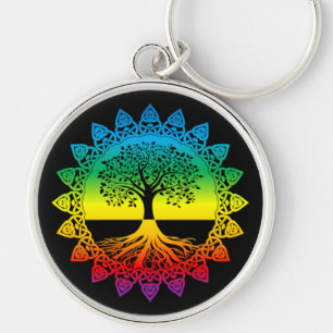 Rainbow Mandala Celtic Tree of Life on Black Keychain