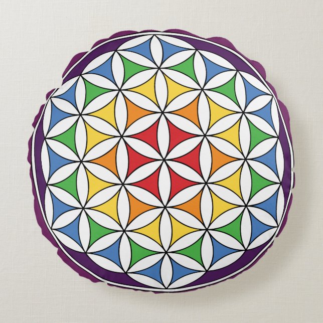 Rainbow Mandala Flower of Life Round Pillow (Front)