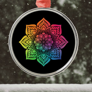 Rainbow Mandala on Black Metal Ornament
