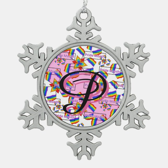 Rainbow Mandala Pride Monogram - Vibrant Geometric Snowflake Pewter Christmas Ornament (Front)
