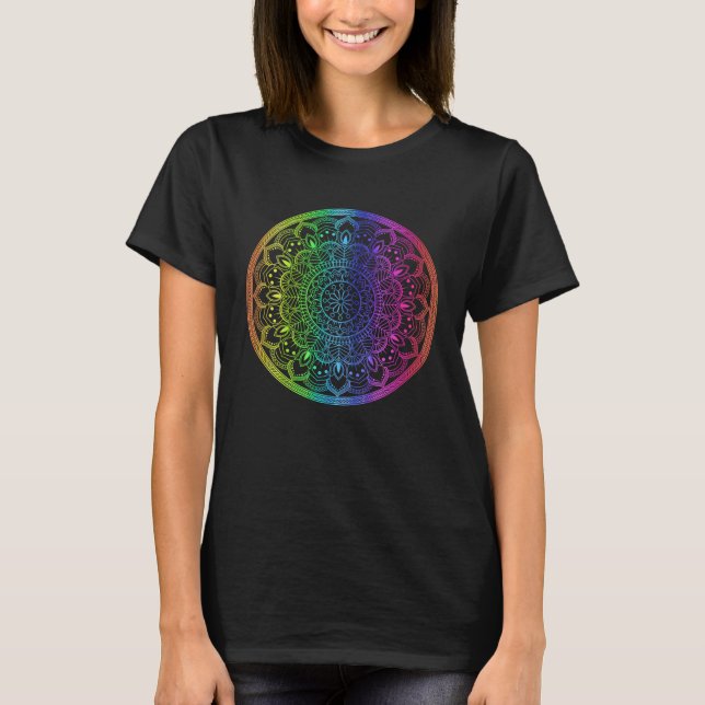 Rainbow Mandala Rosette Flower Round Yoga Vibe Zen T-Shirt (Front)