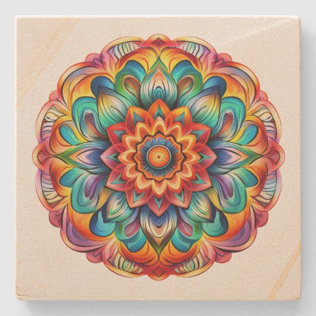 Rainbow Mandala  Stone Coaster (Front)