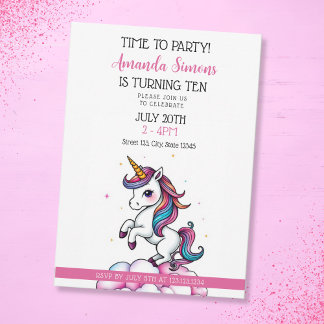 Rainbow Mane Sparkle Unicorn Girl 10th Birthday Invitation