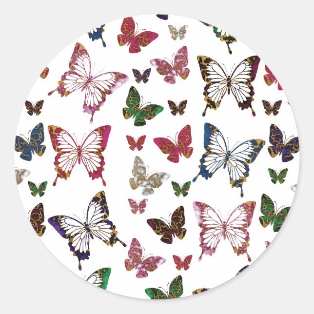 Rainbow Marble Butterfly Spring Pattern Classic Round Sticker (Front)