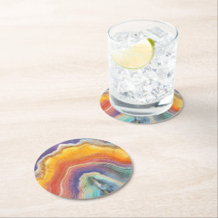 Rainbow Marble Pattern Round Paper Coaster